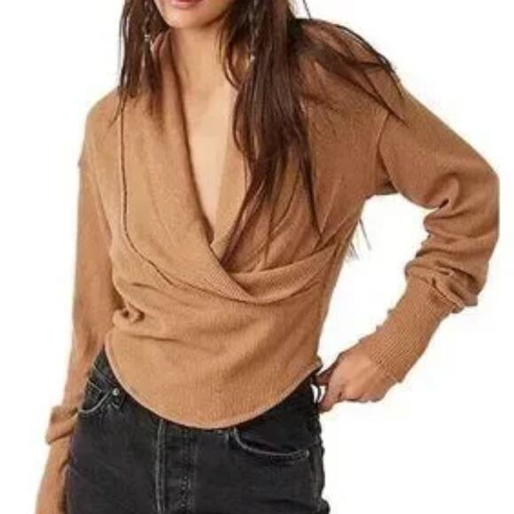 NWT Free People Brown Hold Me Close Deep Surplice Long Sleeve Sweater - Medium - Picture 1 of 4